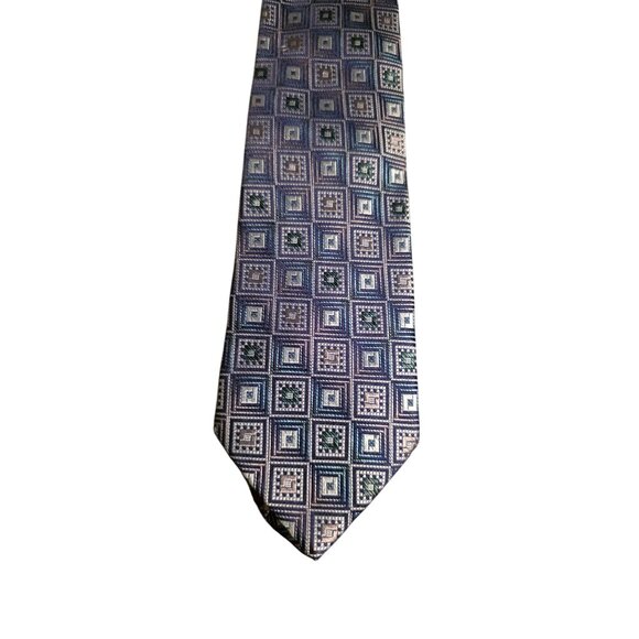 Vintage Tie Stacy Adams 100% Silk Handmade Geometric Square Blue & Silver - Picture 5 of 8